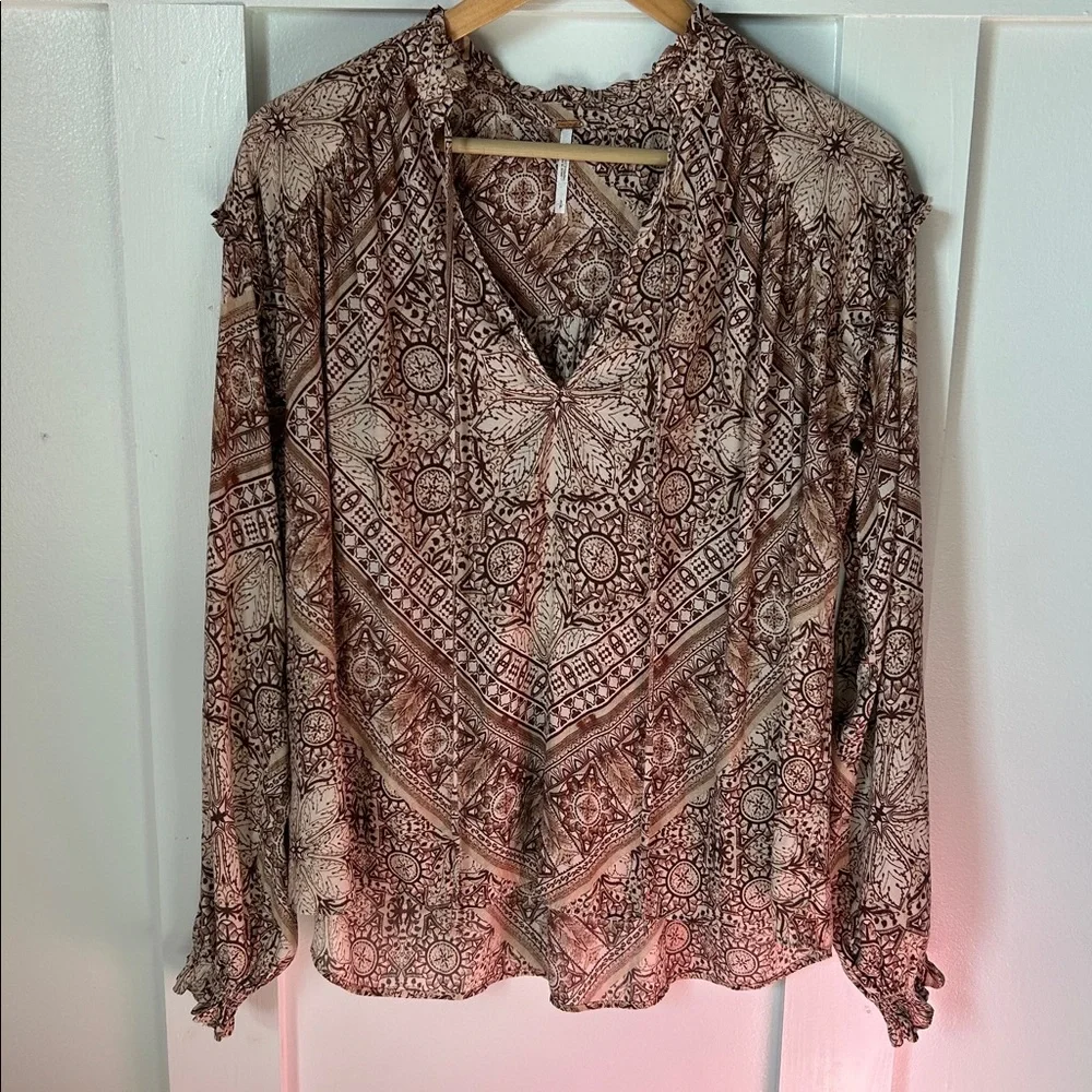Free People Little Runaway Peasant Blouse Sand Combo Boho Neutral Brown Small